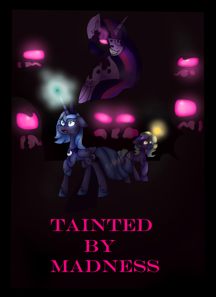 Size: 1200x1650 | Tagged: safe, artist:moonylover12, derpibooru import, princess luna, twilight sparkle, twilight sparkle (alicorn), alicorn, pony, corrupted, corrupted twilight sparkle, cover, dark, evil twilight, sombra eyes