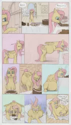 Size: 1500x2646 | Tagged: artist:difetra, belly, big belly, brownies, cake, comic, cookie, cupcake, derpibooru import, eating, fat, fattershy, fluttershy, food, safe, solo, stuffed, stuffing, weight gain