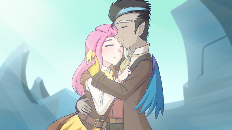 Size: 1280x720 | Tagged: safe, artist:jonfawkes, derpibooru import, discord, fluttershy, human, to where and back again, clothes, discoshy, humanized, male, pants, scene interpretation, shipping, straight, wing ears, winged humanization