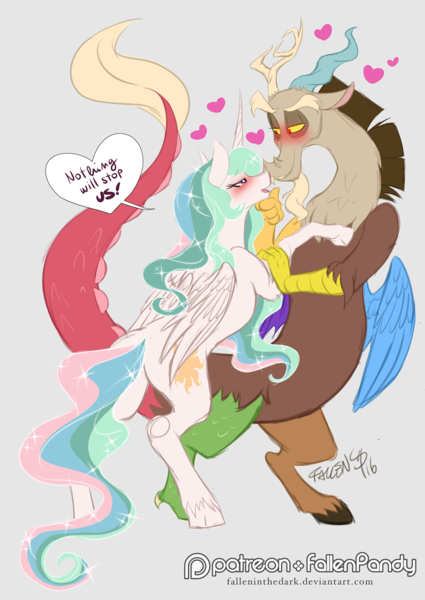 Size: 1204x1700 | Tagged: safe, artist:falleninthedark, artist:stepandy, derpibooru import, discord, princess celestia, blushing, dislestia, heart, male, shipping, simple background, straight