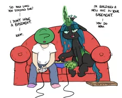 Size: 952x765 | Tagged: anon's couch, artist:shoutingisfun, bowl, changeling, clothes, controller, couch, derpibooru import, dialogue, eyeshadow, female, floppy ears, food, gamer chrysalis, magic, makeup, male, mismatched socks, nintendo 64, oc, oc:anon, open mouth, pants, pizza, pizza box, popcorn, queen chrysalis, safe, shirt, simple background, sitting, socks, telekinesis, video game, white background