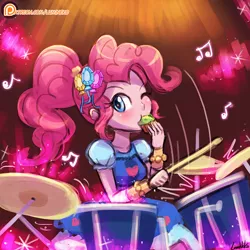 Size: 750x750 | Tagged: safe, artist:lumineko, derpibooru import, pinkie pie, equestria girls, legend of everfree, alternate hairstyle, blushing, clothes, crystal gala, crystal gala dress, cute, dessert, diapinkes, dress, drum kit, drums, drumsticks, eating, female, muffin, music notes, musical instrument, playing, solo, speedpaint, wink