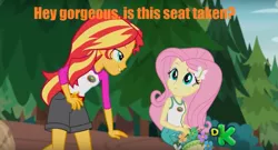 Size: 1187x643 | Tagged: safe, derpibooru import, edit, edited screencap, screencap, fluttershy, sunset shimmer, equestria girls, legend of everfree, caption, discovery kids, female, forced meme, image macro, lesbian, lidded eyes, meme, shipping, sunshyne, text