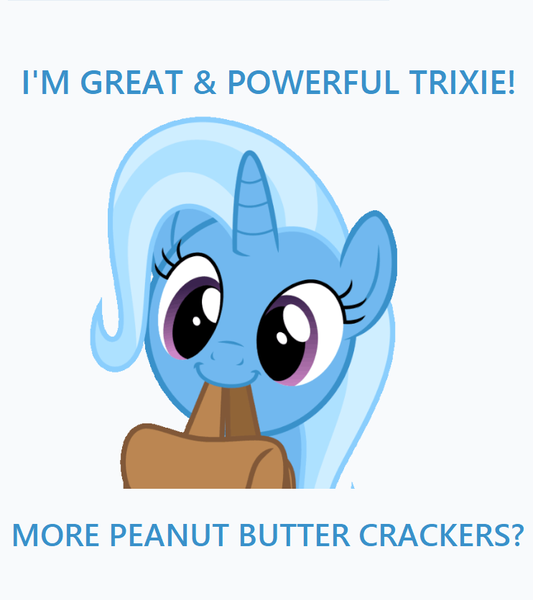 Size: 742x836 | Tagged: safe, derpibooru import, trixie, pony, unicorn, to where and back again, bag, crackers, cute, diatrixes, female, food, happy, mare, mouth hold, peanut butter, peanut butter crackers, solo, that pony sure does love peanut butter crackers, to saddlebags and back again
