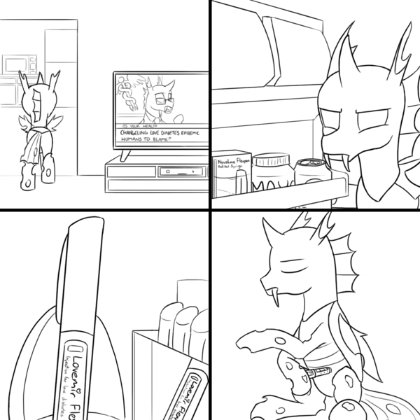 Size: 1200x1200 | Tagged: artist:unsavorydom, changeling, comic, derpibooru import, injection, insulin, lineart, literal diabetes, monochrome, refrigerator, safe, television