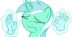 Size: 961x498 | Tagged: artist:derpypaws, derpibooru import, eyes closed, frown, lyra heartstrings, magic, magic hands, meme, pacha, safe, simple background, solo, source needed, transparent background, useless source url, when x just right
