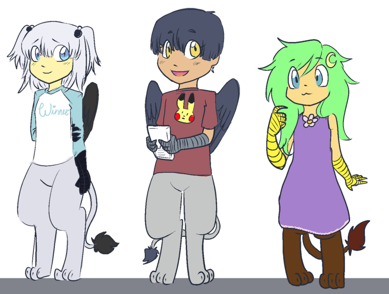 Size: 1518x1147 | Tagged: safe, artist:/d/non, derpibooru import, oc, oc:emma, oc:jade, oc:noelle, unofficial characters only, gryphon, satyr, clothes, dress, game boy, parent:greta, parent:irma, parent:natalya, pigtails, pokémon, shirt