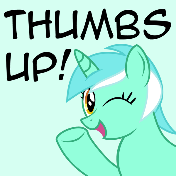 Size: 1000x1000 | Tagged: safe, derpibooru import, lyra heartstrings, pony, unicorn, caption, female, looking at you, mare, one eye closed, reaction image, simple background, solo, text, thumbs up, wink