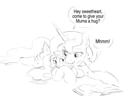 Size: 1280x989 | Tagged: safe, artist:silfoe, derpibooru import, princess luna, oc, oc:eventide glisten, alicorn, pony, other royal book, alicorn oc, black and white, cute, dialogue, female, filly, grayscale, hug, lunabetes, magical lesbian spawn, monochrome, mother and daughter, offspring, parent:princess luna, parent:twilight sparkle, parents:twiluna, silfoe is trying to murder us, simple background, snuggling, speech bubble, white background
