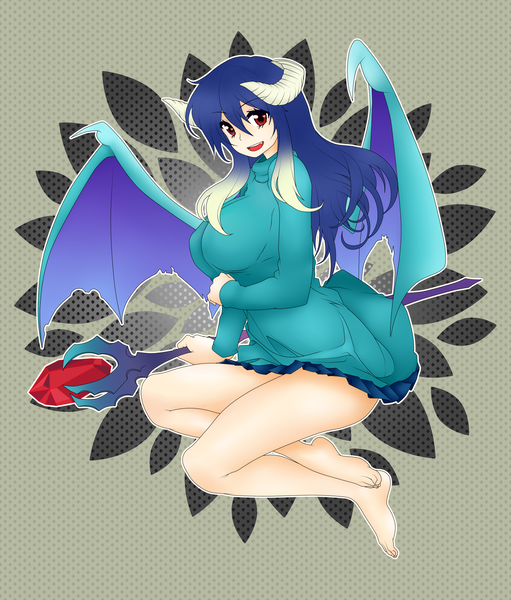 Size: 2300x2700 | Tagged: artist:magico-enma, barefoot, bloodstone scepter, breasts, busty princess ember, clothes, derpibooru import, dragon lord ember, feet, female, horned humanization, human, humanized, looking at you, open mouth, pleated skirt, princess ember, safe, skirt, solo, sweater, sweater puppies, winged humanization