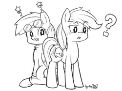 Size: 1600x1200 | Tagged: safe, artist:dsp2003, derpibooru import, part of a set, applejack, rainbow dash, earth pony, pegasus, pony, fanfic:why am i pinkie pie, black and white, female, grayscale, hatless, missing accessory, monochrome