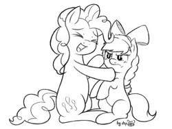 Size: 1600x1200 | Tagged: safe, artist:dsp2003, derpibooru import, part of a set, pinkie pie, oc, oc:cinnamon swirl, earth pony, pony, fanfic:why am i pinkie pie, black and white, cute, female, filly, frown, grayscale, monochrome, open mouth