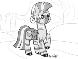Size: 1600x1200 | Tagged: artist:dsp2003, black and white, cute, derpibooru import, ear piercing, earring, fanfic:why am i pinkie pie, female, grayscale, jewelry, monochrome, open mouth, part of a set, piercing, saddle bag, safe, solo, zebra, zecora, zecorable