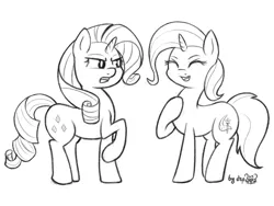 Size: 1600x1200 | Tagged: safe, artist:dsp2003, derpibooru import, part of a set, rarity, trixie, earth pony, pony, fanfic:why am i pinkie pie, black and white, cute, eyes closed, female, frown, grayscale, monochrome, open mouth