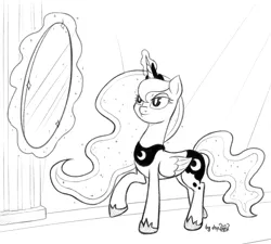 Size: 1920x1728 | Tagged: safe, artist:dsp2003, derpibooru import, part of a set, princess luna, alicorn, pony, fanfic:why am i pinkie pie, black and white, female, grayscale, magic, mirror, monochrome, solo, throne room