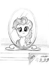 Size: 2346x3097 | Tagged: safe, artist:lalieri, derpibooru import, part of a set, pinkie pie, earth pony, pony, fanfic:why am i pinkie pie, black and white, female, frown, grayscale, mirror, monochrome, solo, traditional art