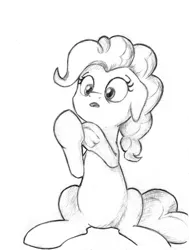 Size: 2329x3073 | Tagged: safe, artist:lalieri, derpibooru import, part of a set, pinkie pie, earth pony, pony, fanfic:why am i pinkie pie, black and white, female, grayscale, monochrome, open mouth, solo, traditional art, underhoof