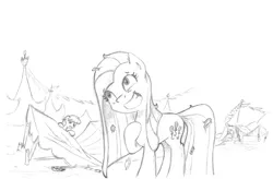 Size: 3618x2376 | Tagged: safe, artist:lalieri, derpibooru import, part of a set, pinkie pie, earth pony, pony, fanfic:why am i pinkie pie, black and white, destruction, female, grayscale, grin, monochrome, pinkamena diane pie, ruins, smiling, traditional art