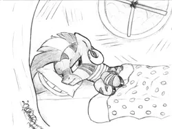 Size: 3438x2583 | Tagged: artist:lalieri, bed, black and white, blanket, centipede, derpibooru import, ear piercing, earring, fanfic:why am i pinkie pie, female, grayscale, jewelry, monochrome, part of a set, piercing, pillow, safe, sleepy, solo, traditional art, zebra, zecora