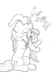 Size: 2268x3120 | Tagged: safe, artist:lalieri, derpibooru import, part of a set, pinkie pie, oc, oc:cinnamon swirl, earth pony, pony, fanfic:why am i pinkie pie, angry, black and white, female, filly, grayscale, monochrome, open mouth, traditional art