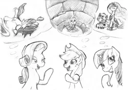 Size: 3533x2490 | Tagged: safe, artist:lalieri, derpibooru import, part of a set, applejack, princess celestia, rarity, twilight sparkle, alicorn, earth pony, pony, unicorn, fanfic:why am i pinkie pie, black and white, female, grayscale, monochrome, monster, open mouth, thought bubble, traditional art