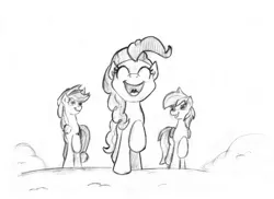 Size: 3163x2298 | Tagged: safe, artist:lalieri, derpibooru import, part of a set, applejack, pinkie pie, rainbow dash, earth pony, pegasus, pony, fanfic:why am i pinkie pie, black and white, female, grayscale, monochrome, open mouth, traditional art