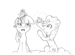 Size: 3431x2538 | Tagged: safe, artist:lalieri, derpibooru import, part of a set, pinkie pie, twilight sparkle, earth pony, pony, unicorn, fanfic:why am i pinkie pie, big crown thingy, black and white, cupcake, elements of harmony, female, food, grayscale, jewelry, monochrome, open mouth, regalia, traditional art