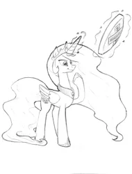 Size: 2382x3138 | Tagged: safe, artist:lalieri, derpibooru import, part of a set, princess celestia, alicorn, pony, fanfic:why am i pinkie pie, black and white, female, grayscale, magic, mirror, monochrome, solo, traditional art