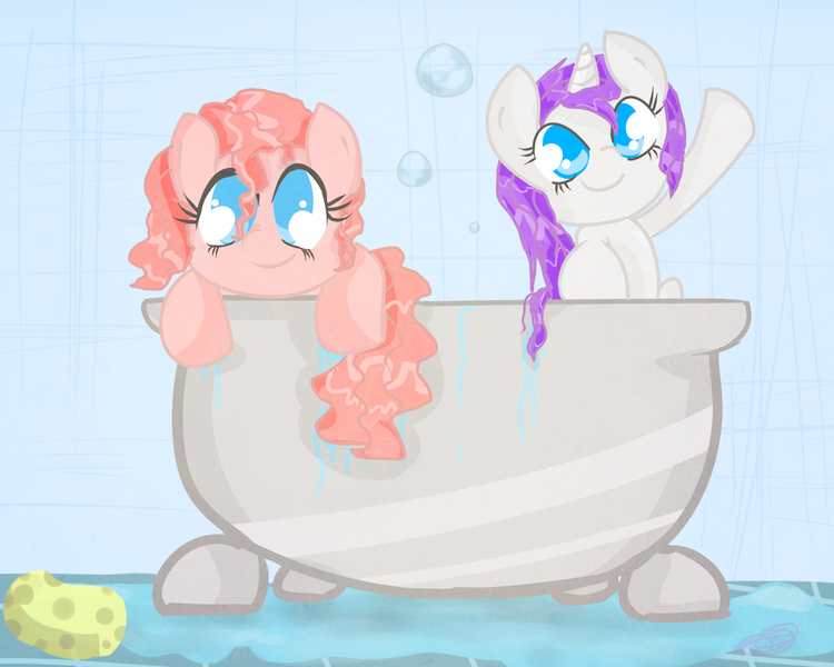 Size: 1500x1200 | Tagged: safe, artist:strabarybrick, derpibooru import, pinkie pie, rarity, earth pony, pony, unicorn, bathtub, bubble, cute, diapinkes, female, leaning, looking at you, mare, smiling, sponge, waving, wet, wet mane