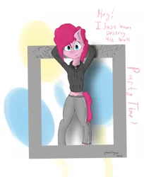 Size: 900x1102 | Tagged: safe, artist:generallegion, derpibooru import, pinkie pie, anthro, unguligrade anthro, clothes, cutie mark, engrish, female, fourth wall, hoodie, looking at you, midriff, pants, simple background, smiling, solo, sweatpants, white background