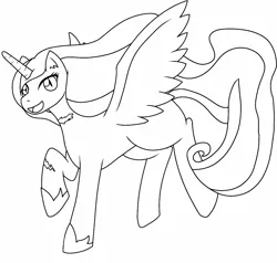 Size: 1280x1221 | Tagged: safe, artist:jolliapplegirl, derpibooru import, oc, oc:olive, unofficial characters only, alicorn, pony, fallout equestria, fanfic, alicorn oc, artificial alicorn, black and white, fallout equestria oc, fanfic art, female, grayscale, green alicorn (fo:e), hooves, horn, lineart, mare, monochrome, open mouth, scar, solo, spread wings, wings