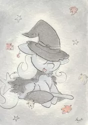 Size: 683x969 | Tagged: safe, artist:slightlyshade, derpibooru import, trixie, pony, unicorn, cape, clothes, female, floppy ears, flying, hat, leaves, mare, no pupils, open mouth, sitting, smiling, solo, stars, traditional art, wand, witch, witch hat