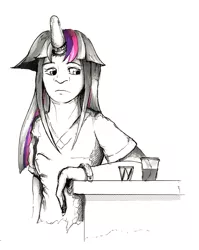 Size: 624x785 | Tagged: artist:dreamingnoctis, ask asylum twilight, cup, derpibooru import, horn cap, horned humanization, human, humanized, magic suppression, safe, solo