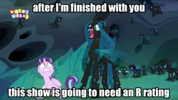 Size: 1657x934 | Tagged: safe, derpibooru import, edit, edited screencap, screencap, queen chrysalis, starlight glimmer, thorax, changeling, changeling queen, pony, unicorn, to where and back again, caption, female, image macro, innuendo, mare, meme