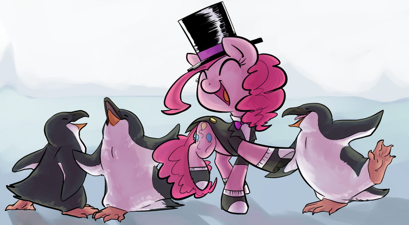 Size: 1371x756 | Tagged: artist:briskby, clothes, dancing, derpibooru import, elegant, hat, penguin, pinkie pie, safe