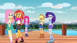 Size: 1364x762 | Tagged: safe, derpibooru import, screencap, fluttershy, pinkie pie, rainbow dash, sunset shimmer, equestria girls, legend of everfree, converse, embrace the magic, lidded eyes, shoes