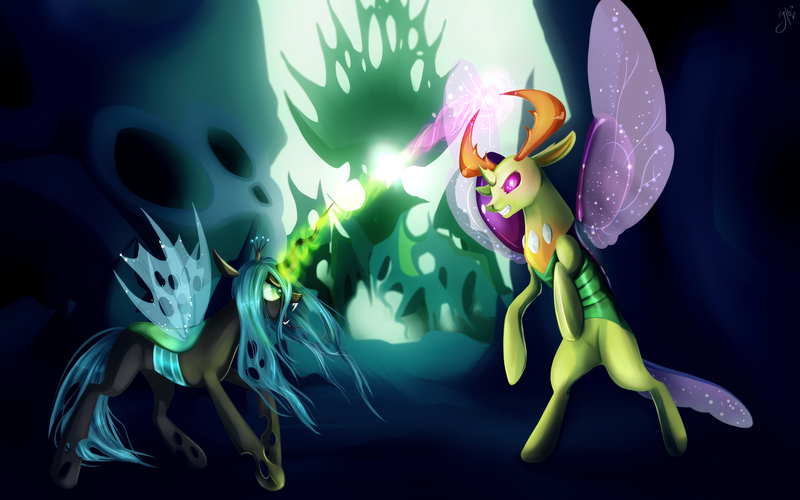 Size: 4000x2500 | Tagged: artist:juliagoldfox, changeling, changeling king, changeling queen, derpibooru import, duo, fight, king thorax, magic, queen chrysalis, rearing, safe, thorax, to where and back again