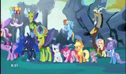 Size: 300x175 | Tagged: safe, derpibooru import, edit, edited screencap, screencap, applejack, discord, fluttershy, pinkie pie, princess cadance, princess celestia, princess flurry heart, princess luna, queen chrysalis, rainbow dash, rarity, shining armor, spike, starlight glimmer, thorax, trixie, twilight sparkle, twilight sparkle (alicorn), alicorn, changedling, changeling, changeling queen, pony, to where and back again, animated, defiant, female, gif, jojo's bizarre adventure, king thorax, mane six, now you fucked up, this will end in pain, to be continued
