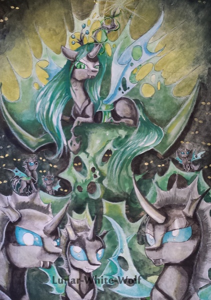 Size: 1901x2705 | Tagged: artist:lunar-white-wolf, changeling, derpibooru import, hive, queen chrysalis, safe, swarm, to where and back again, traditional art