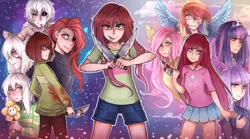 Size: 866x481 | Tagged: artist:liliumena, asriel dreemurr, beautiful, blood, chara, charamena, clothes, derpibooru import, fanfic:cupcakes, flowey, fluttershy, fusion, heterochromia, human, humanized, knife, maud pie, pinkamena diane pie, pinkie pie, pleated skirt, rainbow dash, sans (undertale), semi-grimdark, shorts, skirt, twilight sparkle, undertale, undyne