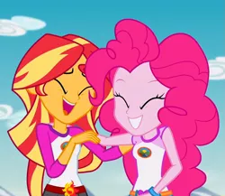Size: 831x720 | Tagged: safe, derpibooru import, screencap, pinkie pie, sunset shimmer, equestria girls, legend of everfree, embrace the magic, laughing