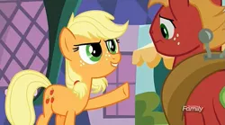 Size: 1275x707 | Tagged: safe, derpibooru import, screencap, applejack, big macintosh, earth pony, pony, where the apple lies, discovery family logo, male, stallion, teenage applejack, teenage big macintosh