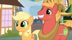 Size: 912x512 | Tagged: safe, derpibooru import, screencap, applejack, big macintosh, earth pony, pony, where the apple lies, discovery family logo, male, smiling, stallion, teenage applejack, teenage big macintosh