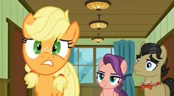 Size: 1273x709 | Tagged: safe, derpibooru import, screencap, applejack, filthy rich, spoiled rich, pony, where the apple lies, bowtie, discovery family logo, spoiled milk, spoilthy, teenage applejack