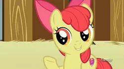 Size: 1277x709 | Tagged: safe, derpibooru import, screencap, apple bloom, earth pony, pony, where the apple lies, adorabloom, bow, cute, cutie mark, discovery family logo, female, filly, hair bow, raised hoof, smiling, solo, the cmc's cutie marks