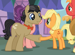 Size: 575x420 | Tagged: safe, derpibooru import, screencap, applejack, big macintosh, filthy rich, spoiled rich, earth pony, pony, where the apple lies, animated, gif, hoofshake, loop, male, spoilthy, stallion, teenage applejack, teenage big macintosh, teenager, younger