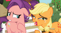 Size: 848x465 | Tagged: safe, derpibooru import, screencap, applejack, spoiled rich, pony, where the apple lies, animated, cough, derp, discovery family logo, gif, loop, silly, silly pony, spoiled milk, spoilthy, teenage applejack, who's a silly pony