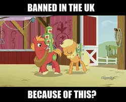 Size: 1265x1022 | Tagged: safe, derpibooru import, edit, edited screencap, screencap, applejack, big macintosh, earth pony, pony, where the apple lies, cider, discovery family logo, discussion, drama, drama bait, image macro, male, meme, misleading, stallion, teenage applejack, teenage big macintosh