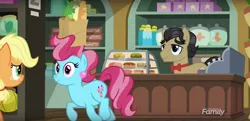 Size: 1360x656 | Tagged: safe, derpibooru import, screencap, applejack, cup cake, filthy rich, pony, where the apple lies, bowtie, hair hold, missing accessory, paper bag, prehensile mane, teenage applejack