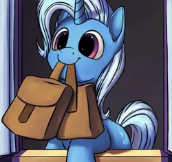 Size: 1142x1080 | Tagged: safe, artist:vistamage, derpibooru import, trixie, pony, unicorn, to where and back again, bag, cute, diatrixes, female, mare, mouth hold, saddle bag, scene interpretation, solo, to saddlebags and back again